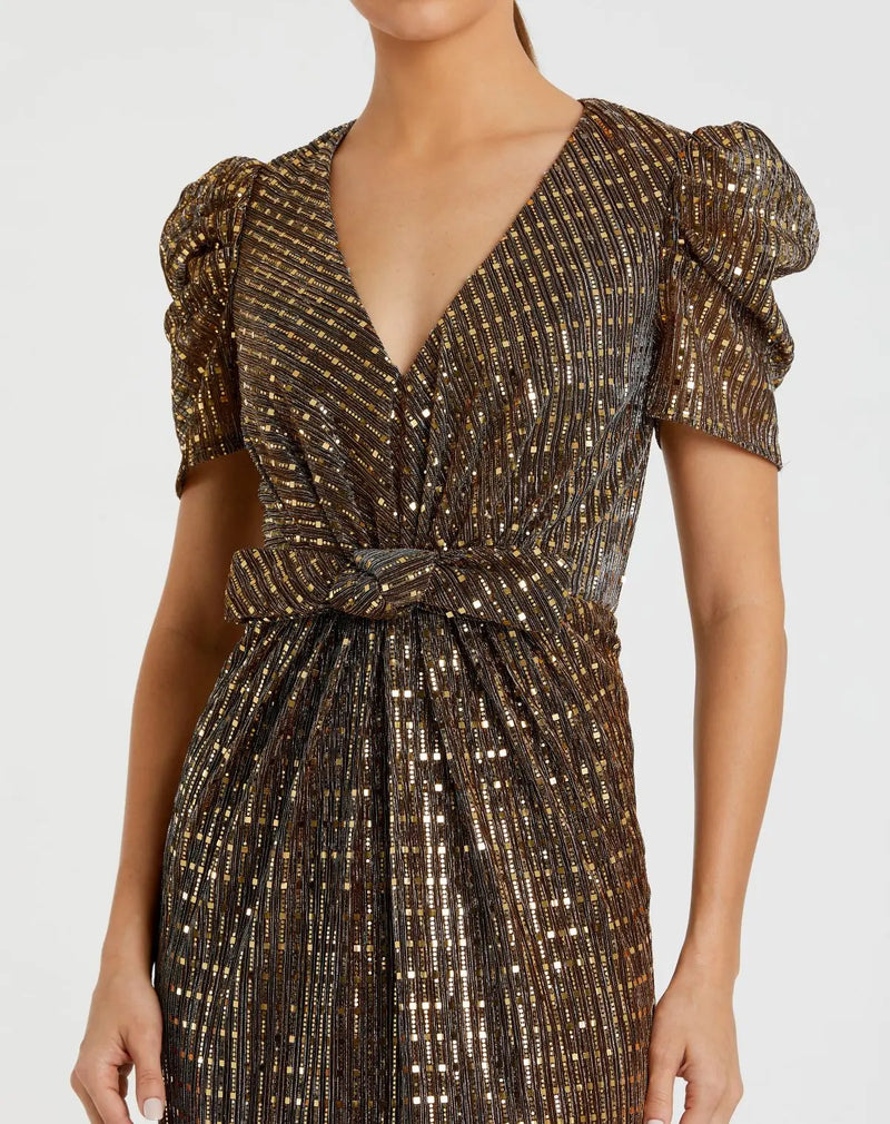 Bow Waist Cap Sleeve Metallic Gown - Brown