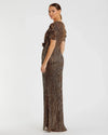 Bow Waist Cap Sleeve Metallic Gown - Brown