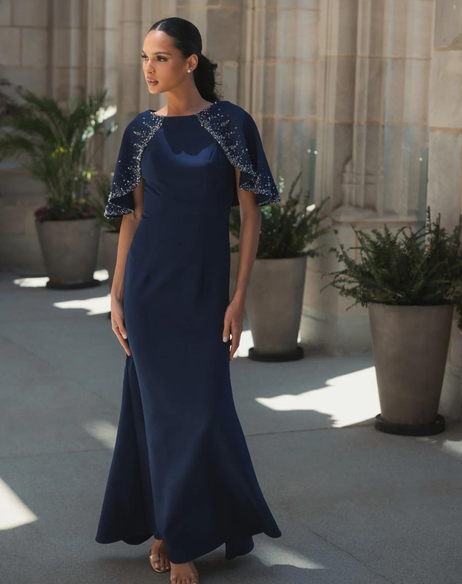 Mac Duggal, Long sleeve embellished modest evening gown - Midnight Navy ...