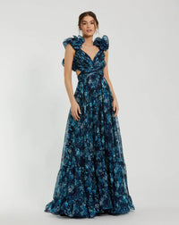 Mac Duggal Ruffle Floral Lace Up Maxi Dress - Midnight Multi #67803 