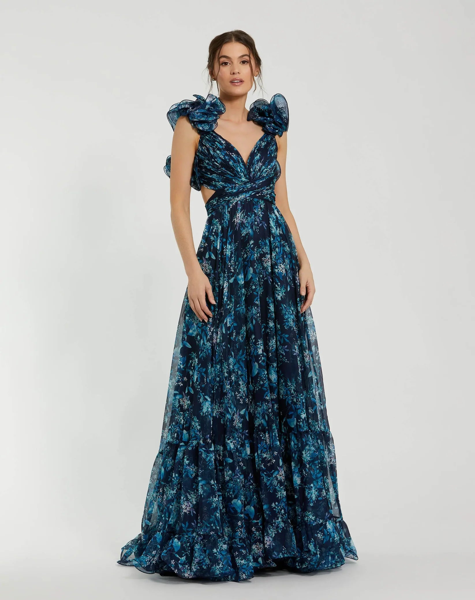 Mac Duggal Ruffle Floral Lace Up Maxi Dress - Midnight Multi #67803 