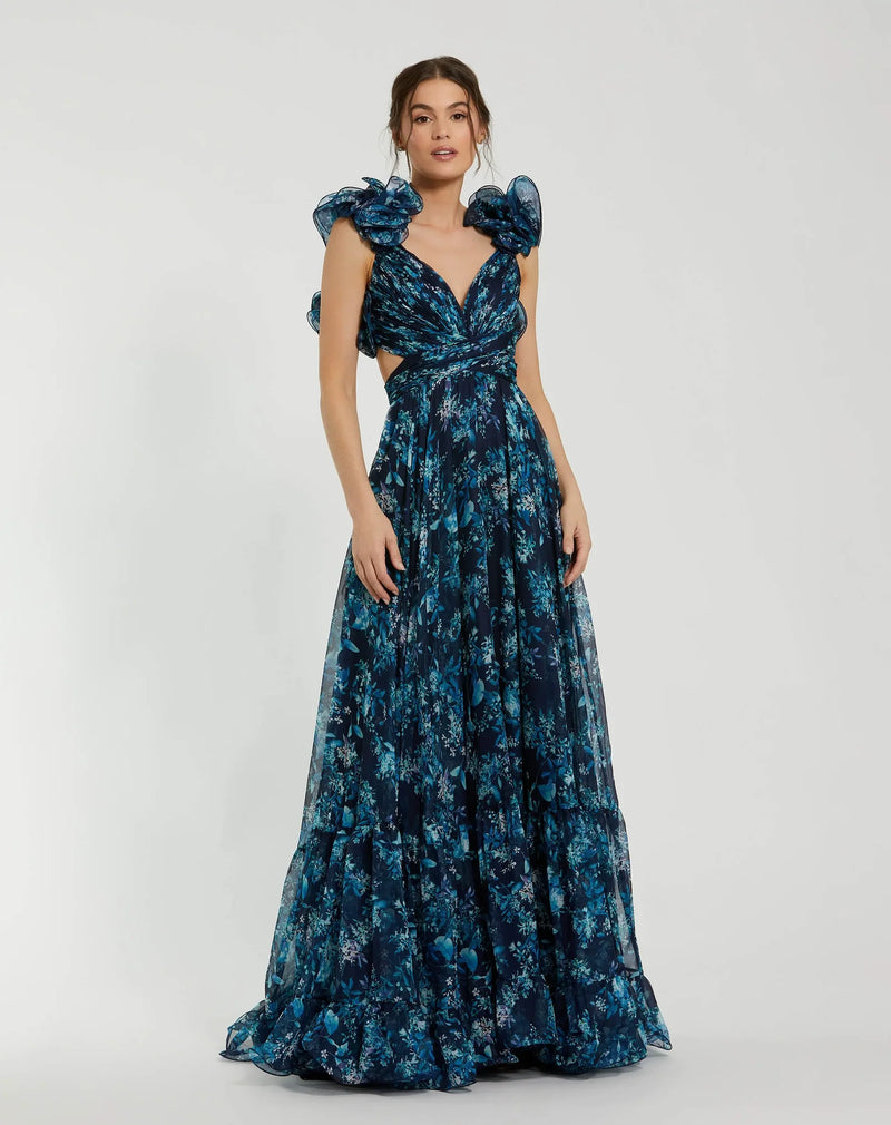 Mac Duggal Ruffle Floral Lace Up Maxi Dress - Midnight Multi #67803 