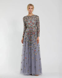Mac Duggal, Floral Embellished Modest Gown - Grey Multi #5533