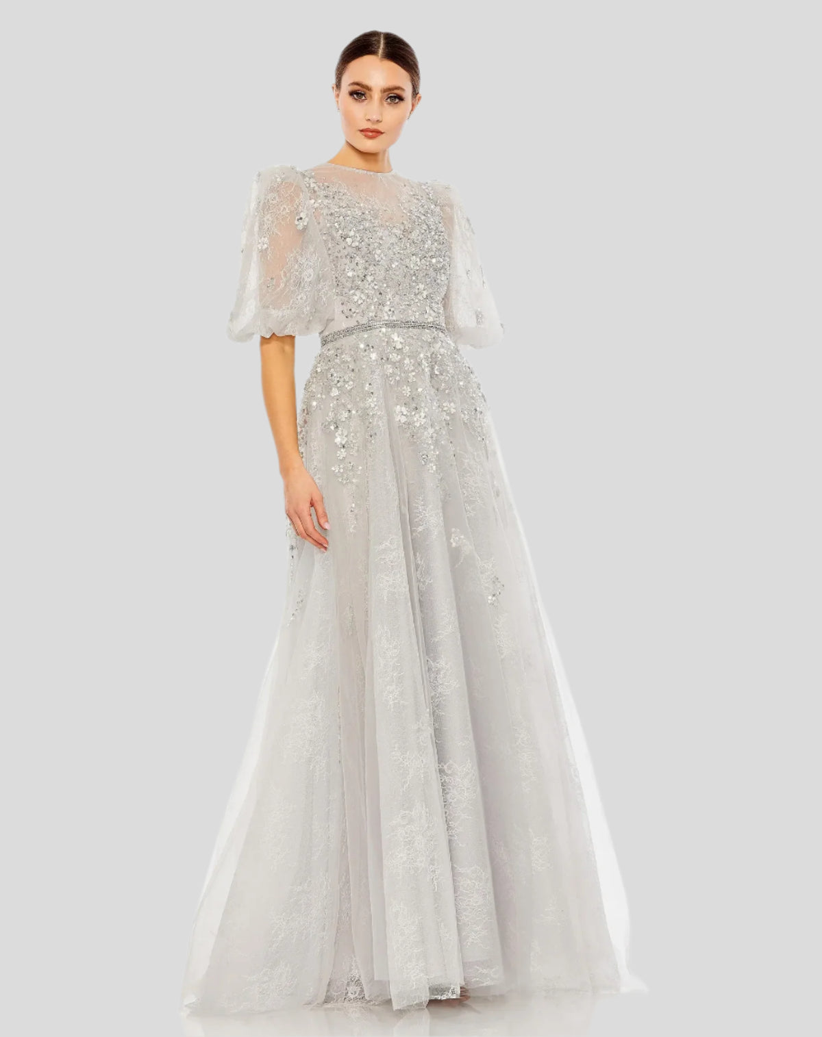 Mac Duggal Gray Embellished Puff Sleeve A Line Gown Platinum #20445