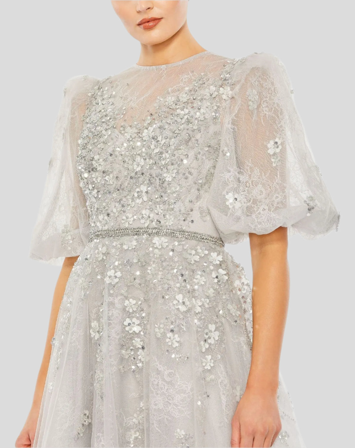 Embellished Puff Sleeve Gown - Gray