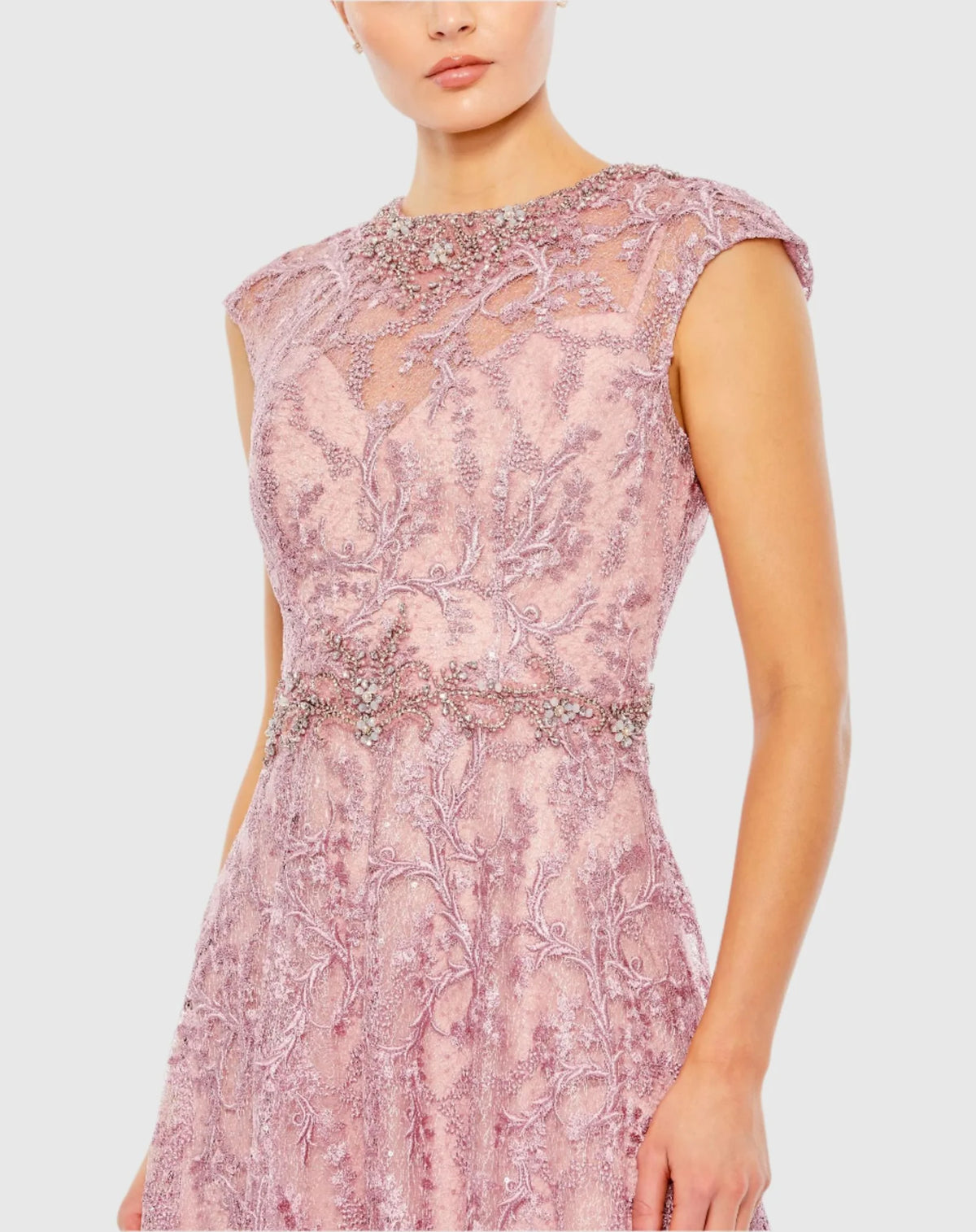Embroidered Cap Sleeve A Line Gown - Rose