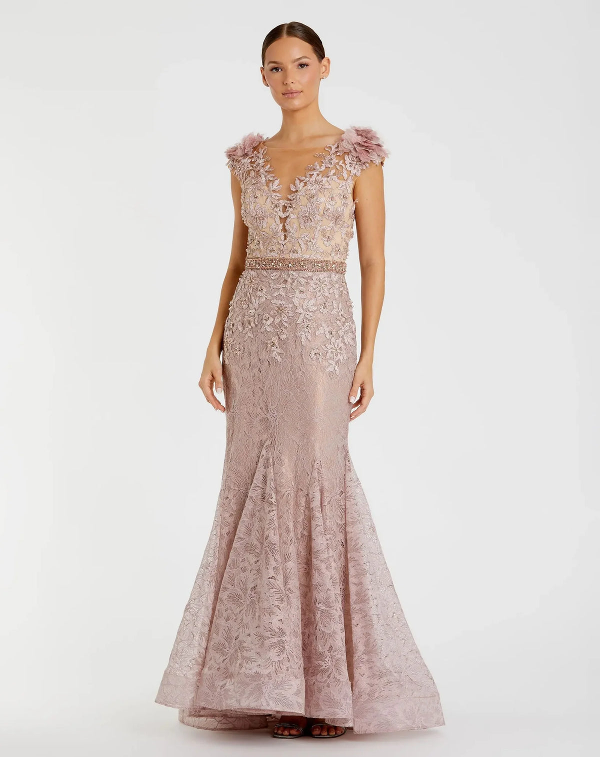 Mac Duggal Pink Embroidered Illusion Appliqued Bodice Trumpet Gown #79368 Mocha