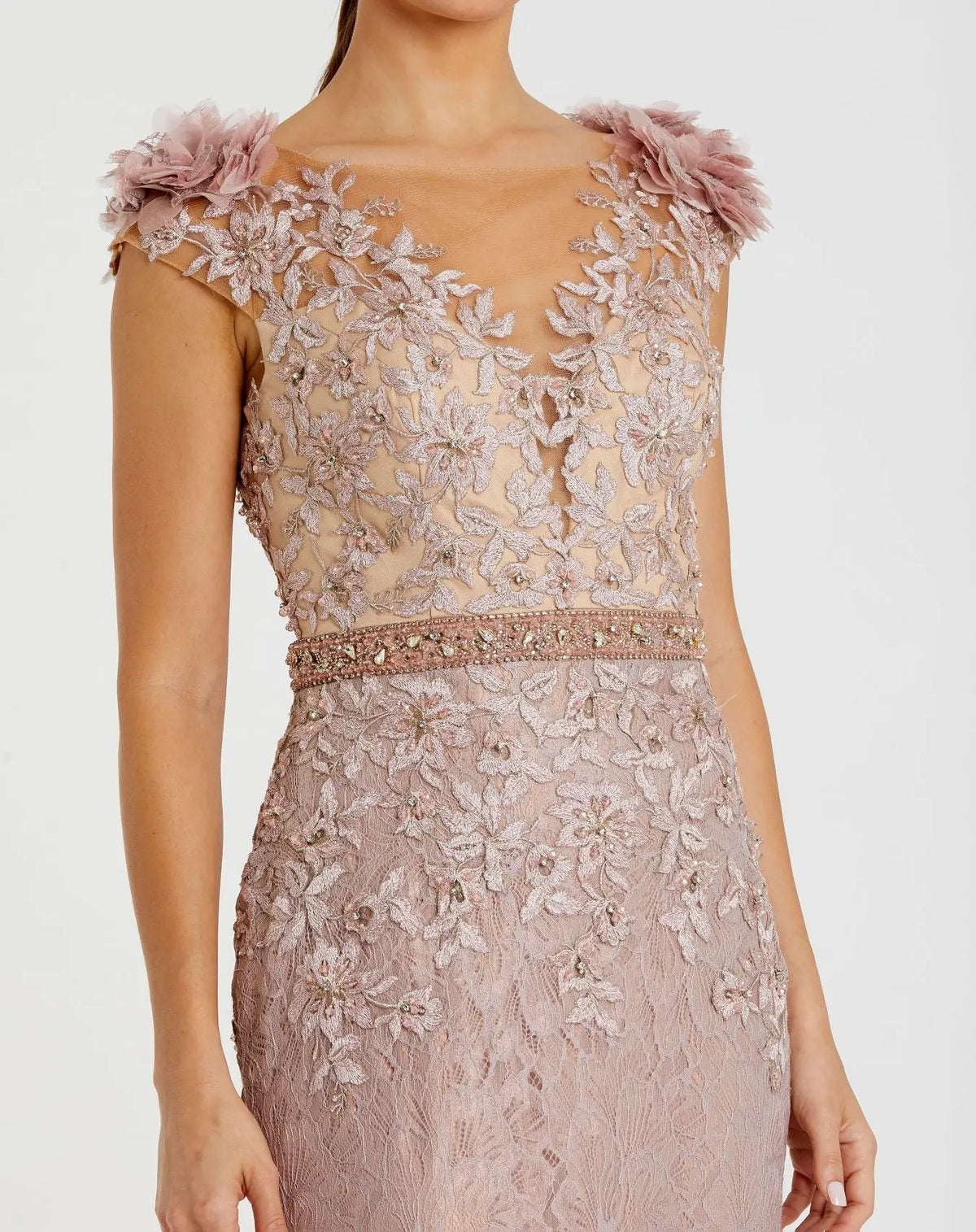 Embroidered Applique Bodice Gown - Mocha