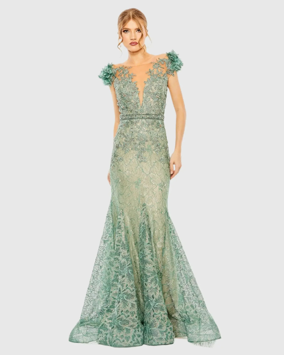 Mac Duggal Embroidered Illusion Appliqued Bodice Trumpet Gown #79368 Gree