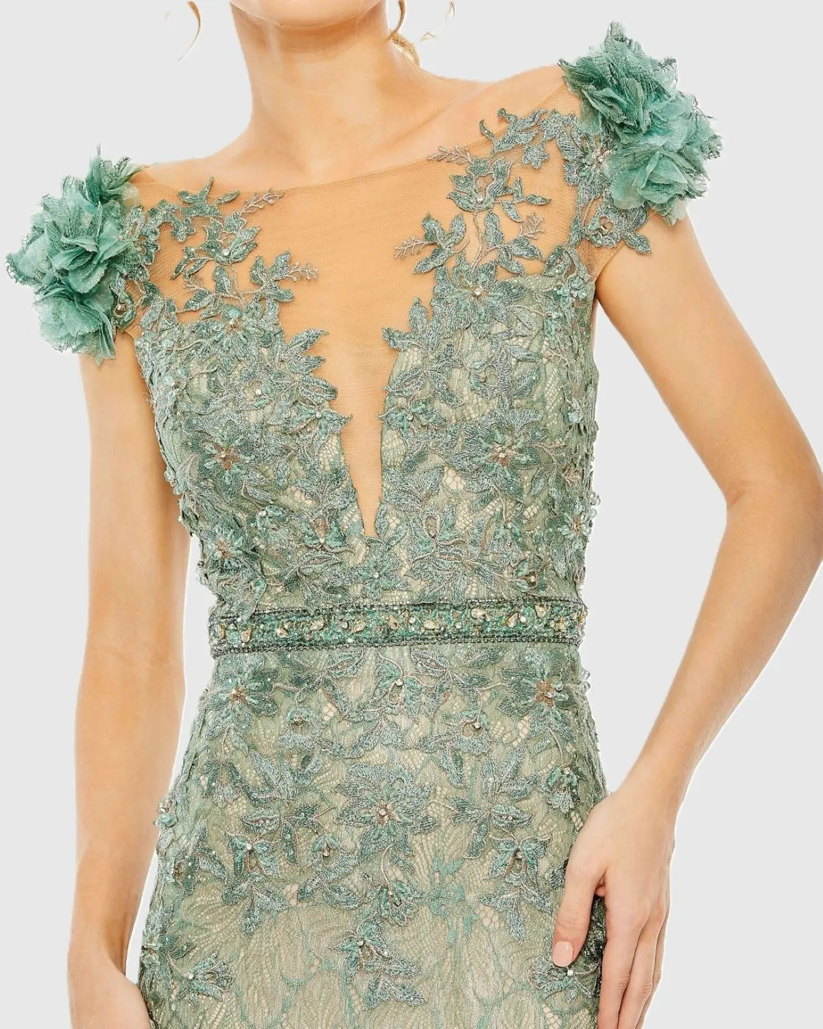 Embroidered Applique Bodice Gown - Sage