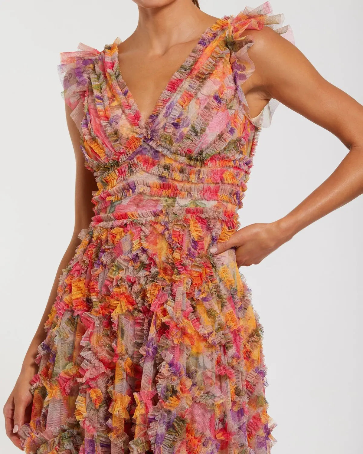 Multicolor Floral Mesh Ruffle V Neck Ankle Dress - Multi
