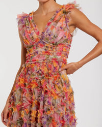 Multicolor Floral Mesh Ruffle V Neck Ankle Dress - Multi