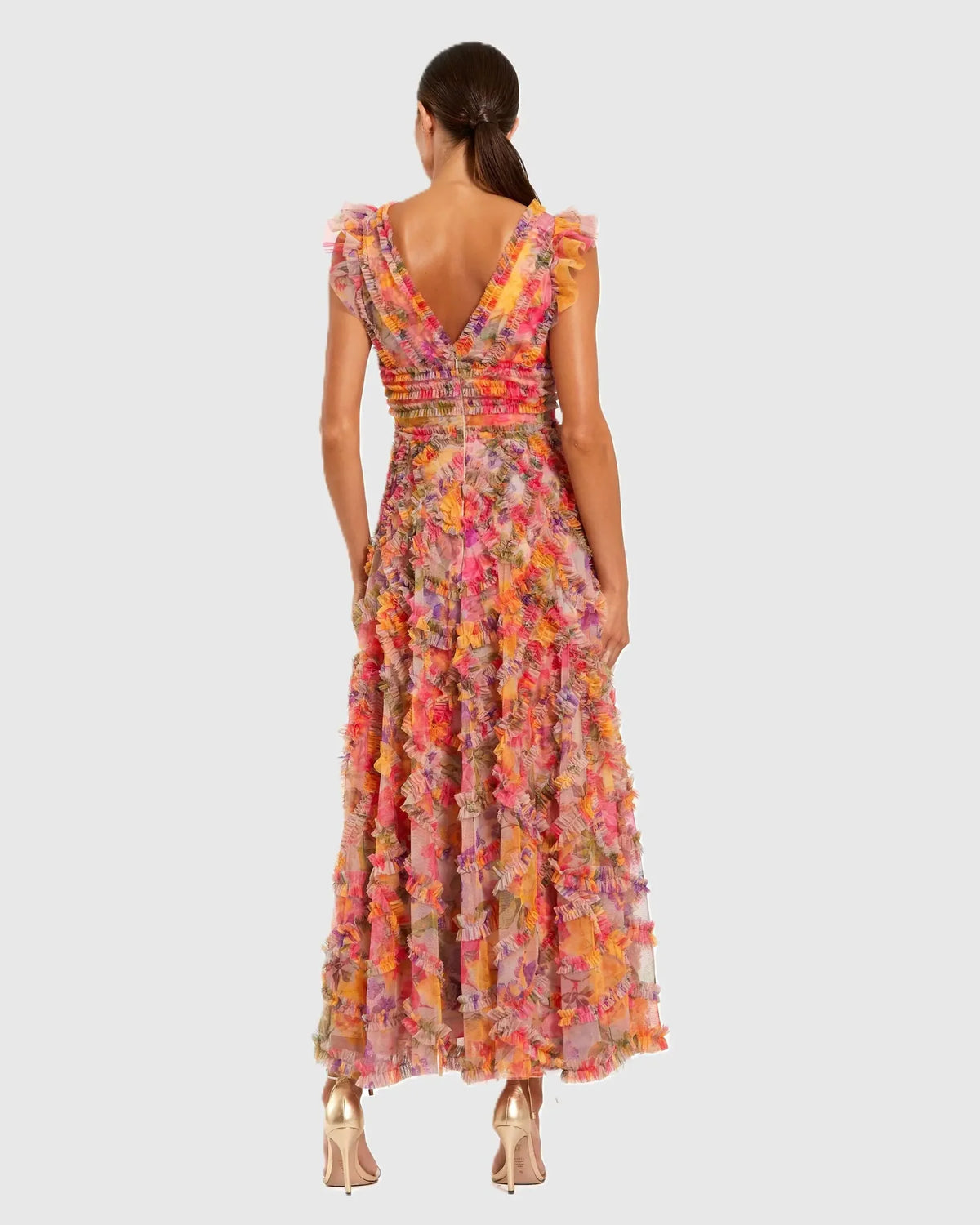 Orange floral print mesh ruffle V-neck ankle dress