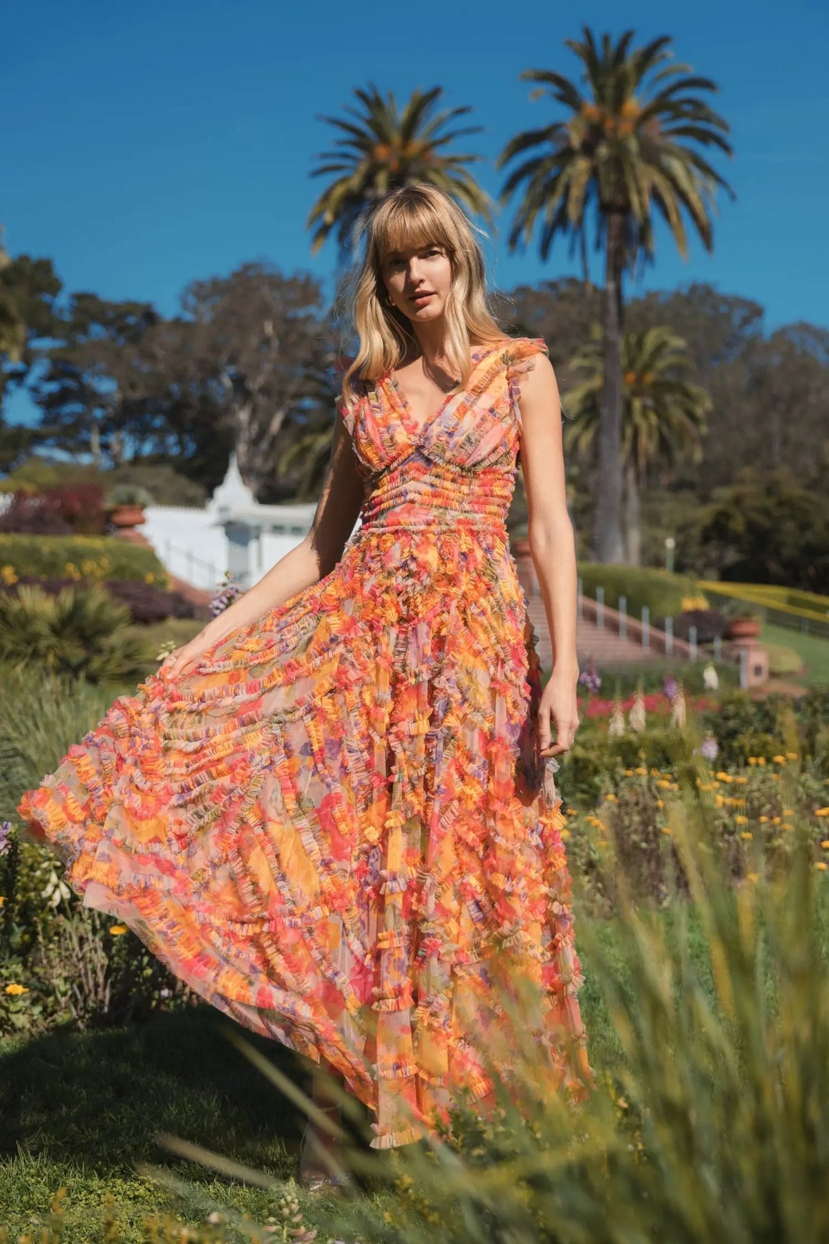 Orange floral print mesh ruffle V-neck ankle dress