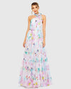 Mac Duggal Multicolor Floral Print Asymmetrical Halter Neck Tiered Gown #55881 White