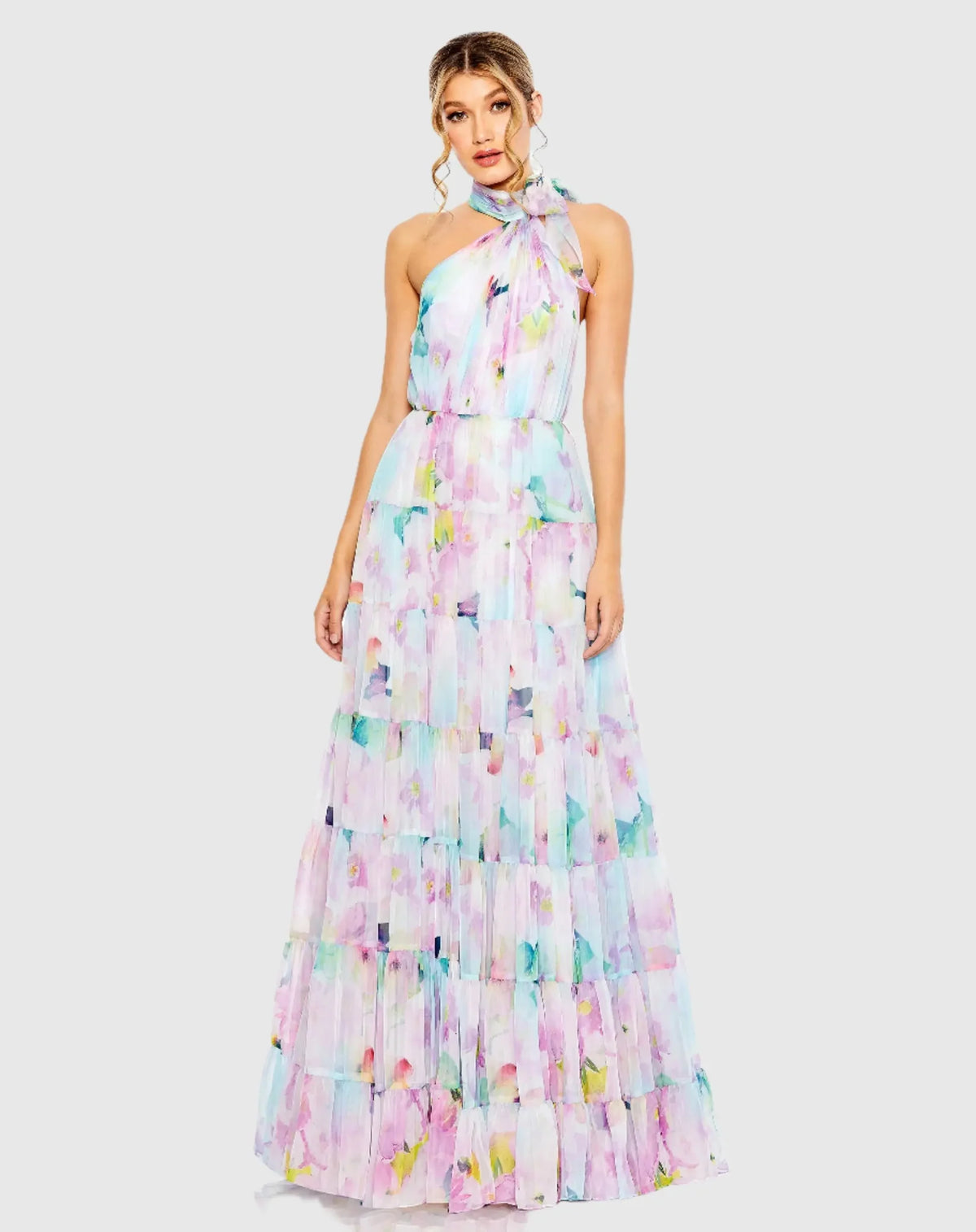 Mac Duggal Multicolor Floral Print Asymmetrical Halter Neck Tiered Gown #55881 White