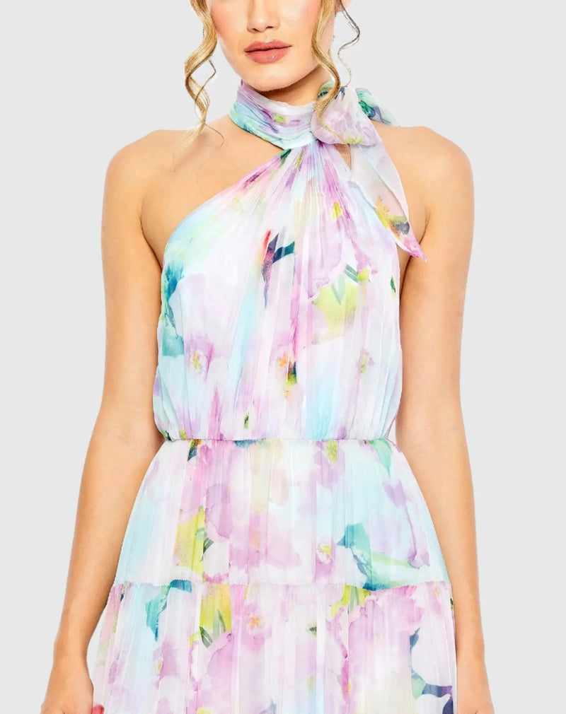 Floral Asymmetrical Halter Neck Tiered Gown - Multi