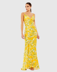 Mac Duggal 70183 Yellow floral print sleeveless trumpet gown - Front