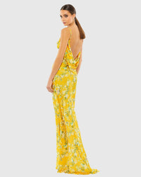 Mac Duggal 70183 Yellow floral print sleeveless trumpet gown - Back view