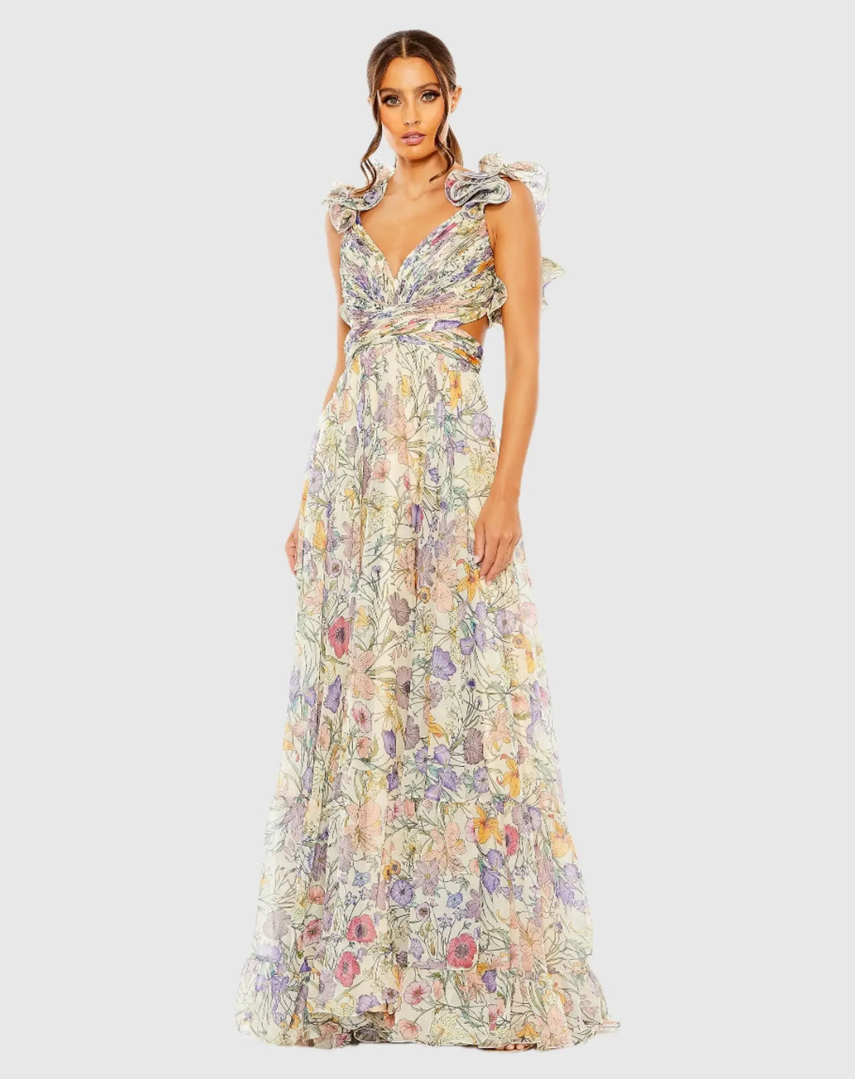 Mac Duggal Ruffle Tiered Floral Cut-Out Chiffon Gown Rose Multi #68517