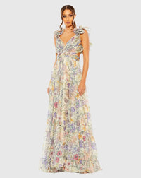 Mac Duggal Ruffle Tiered Floral Cut-Out Chiffon Gown Rose Multi #68517