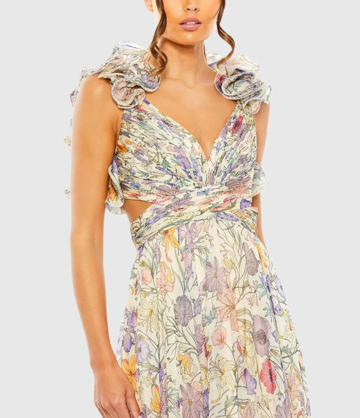 Floral Print Ruffle Cut-Out Gown - Purple