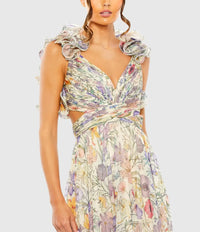 Floral Print Ruffle Cut-Out Gown - Purple