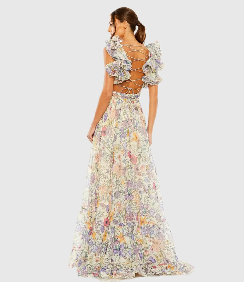 Floral Print Ruffle Cut-Out Gown - Purple
