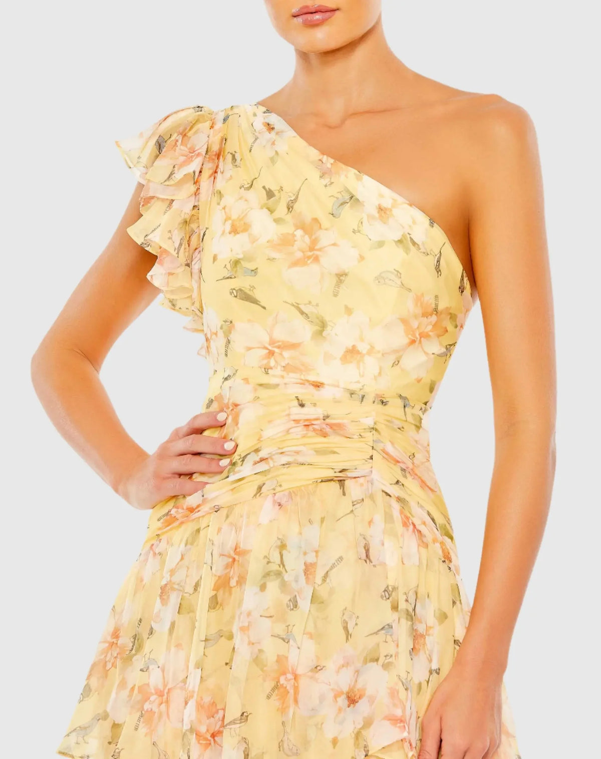 Mac Duggal Yellow Multicolor Floral Print Ruffle Tiered One Shoulder Gown #55810 White | Shop Prom Dresses, Wedding Guest Dresses, and Black Tie Evening Gowns Online at SHAIDE! Shaide Boutique Mac Duggal Yellow Multicolor Floral Print Ruffle Tiered One Shoulder Gown #55810 White | Shop Prom Dresses, Wedding Guest Dresses, and Black Tie Evening Gowns Online at SHAIDE! Shaide Boutique