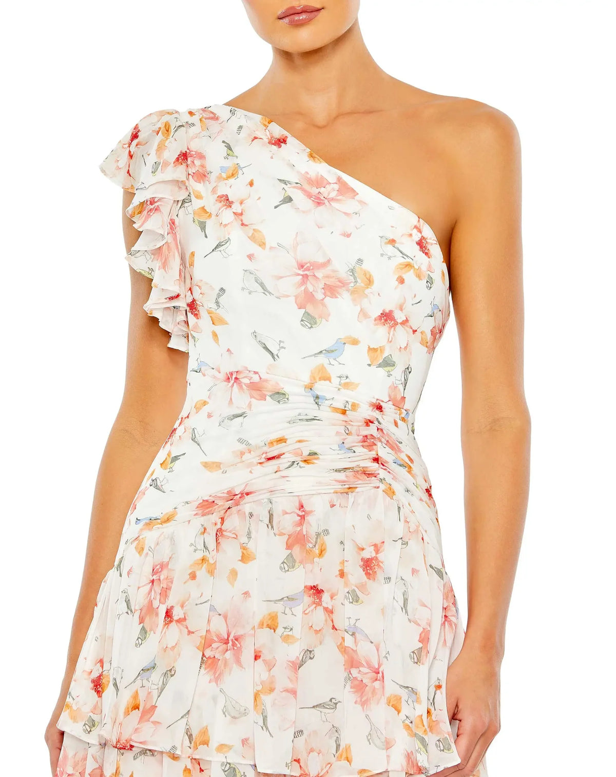Asymmetric Floral Print Ruffle Gown - White