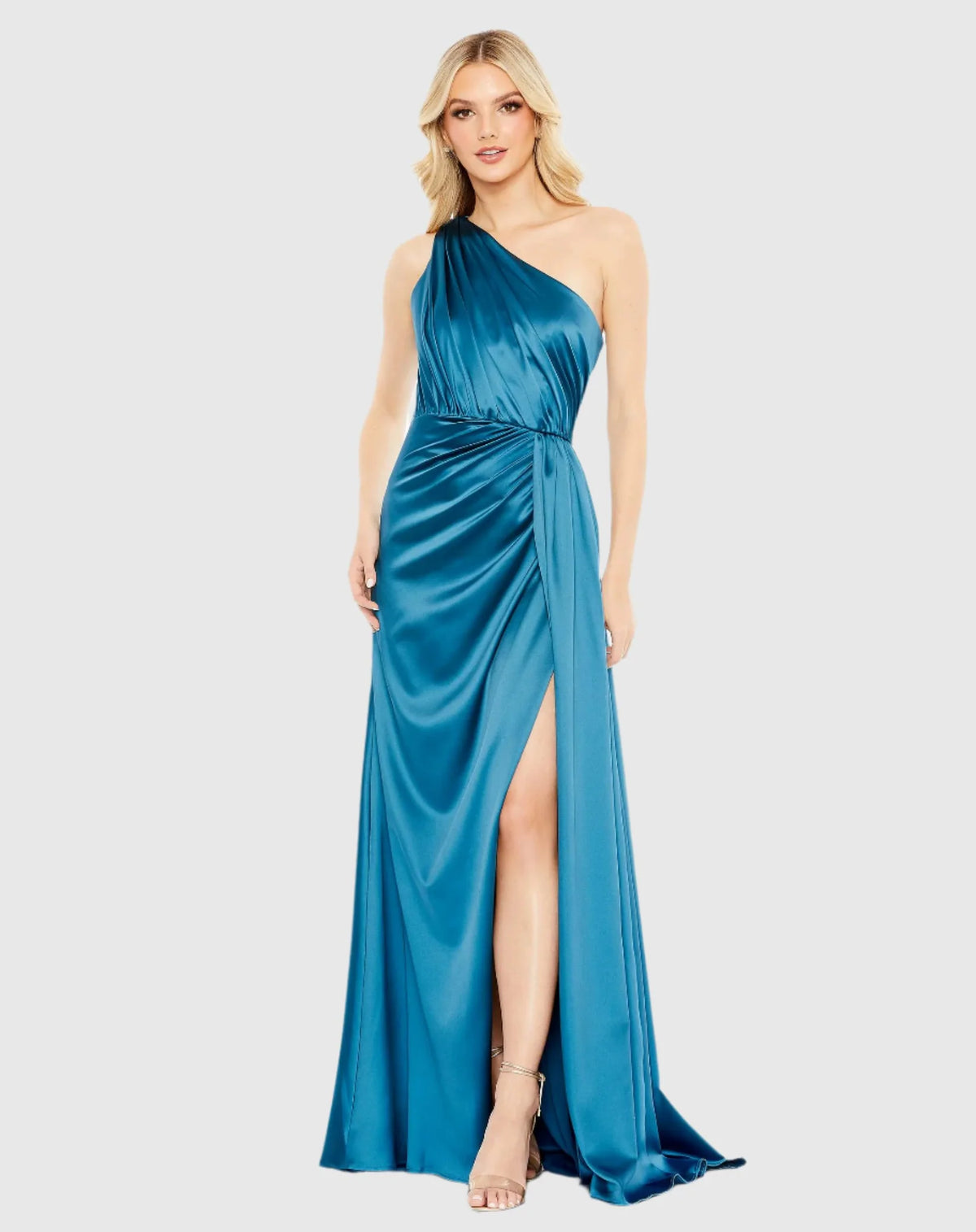 Mac Duggal Gathered One Shoulder Satin Faux Wrap Gown #26654 Ocean Blue