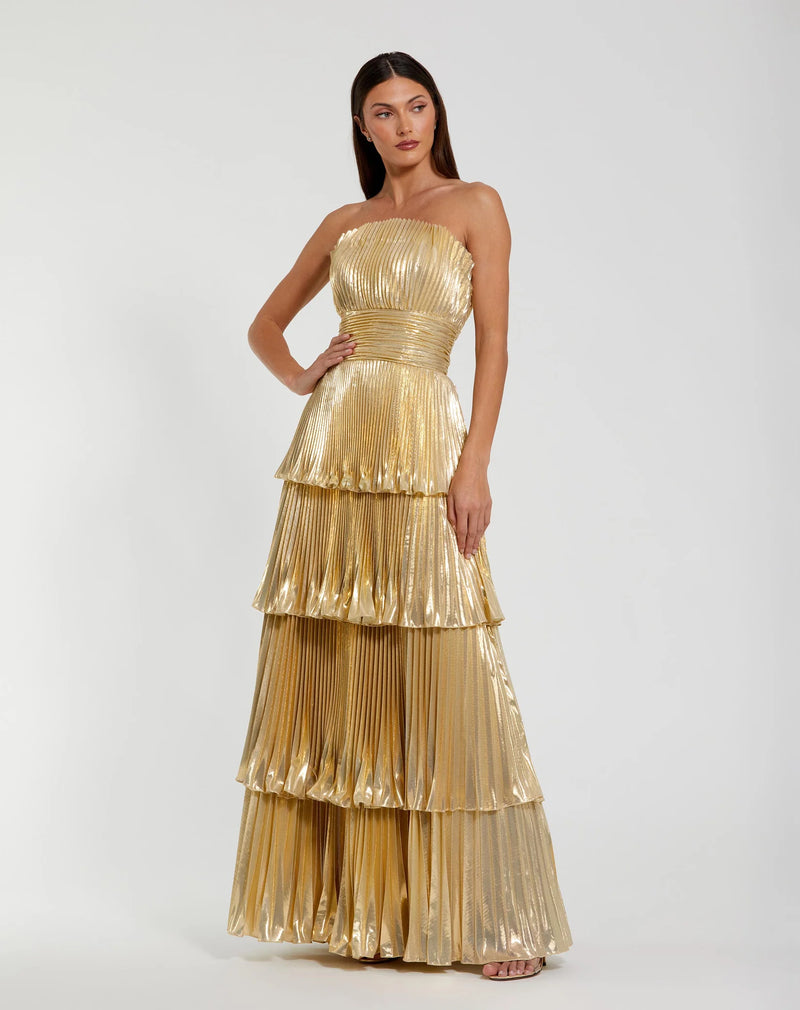 Mac Duggal Gold Strapless Pleated Metallic Layered Ruffle Gown #49911 Gold 