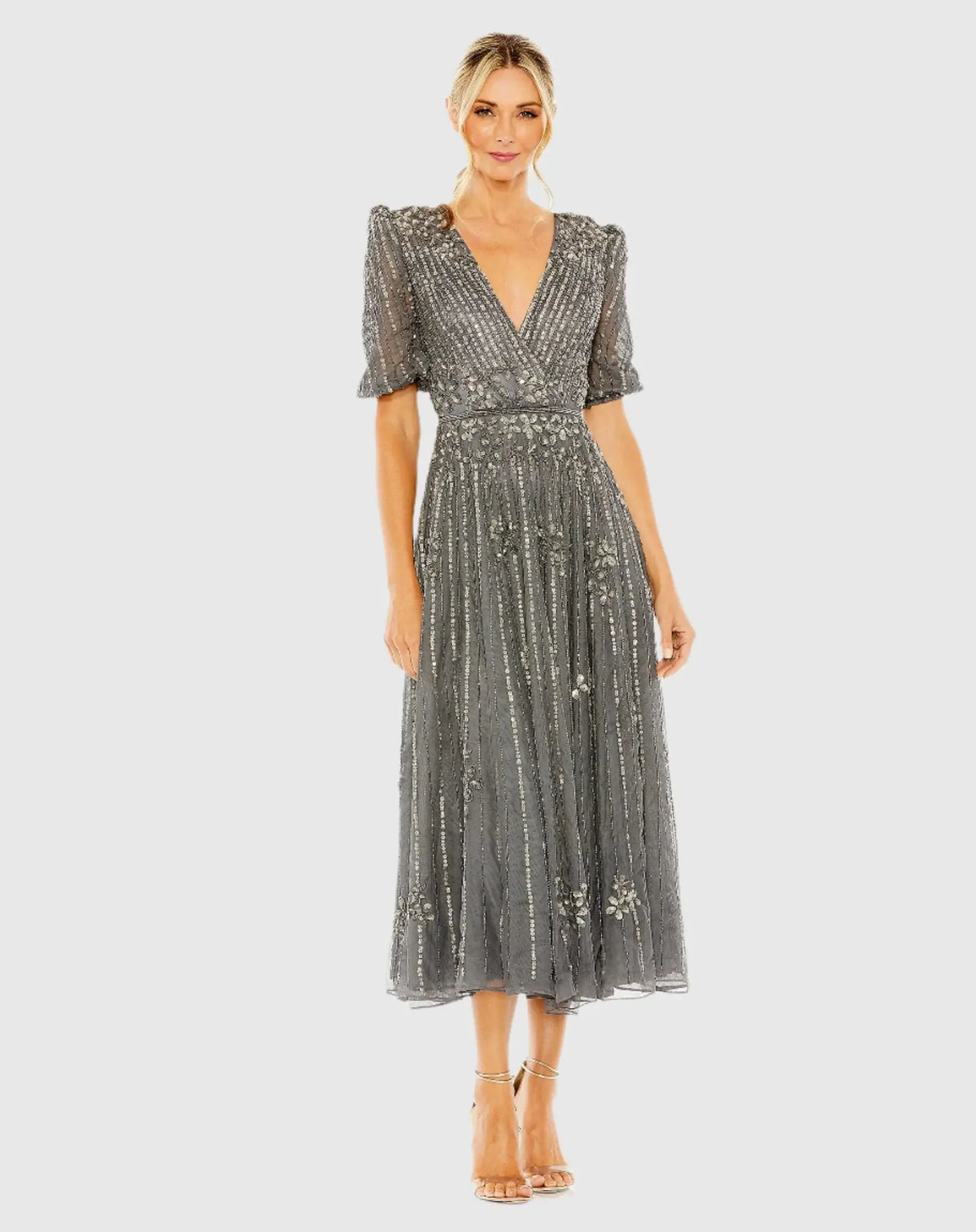 Mac Duggal Gray Puff Quarter Length Sleeve V-Neck Dress #5995 Pewter