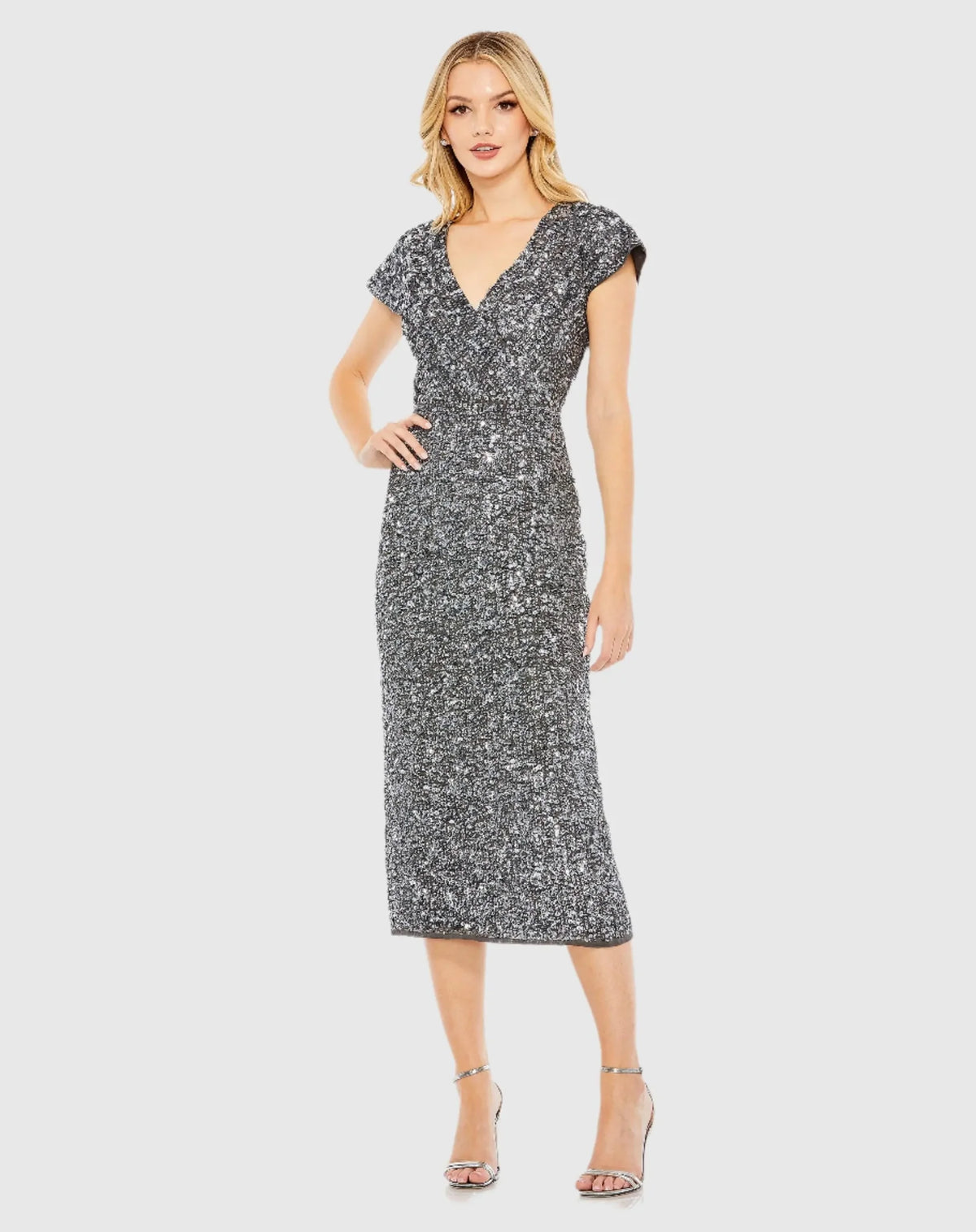 Mac Duggal Sequined Short Sleeve Wrap Over Cocktail Dress #10766 Platium