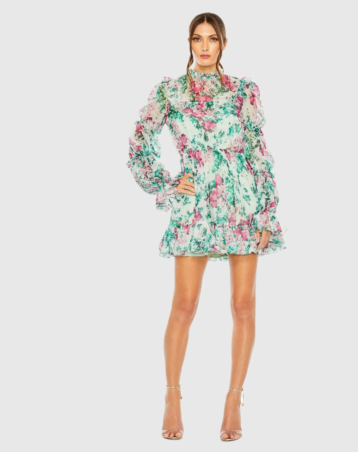 Mac Duggal Green Floral High Neck Ruffle Sleeve Mini Dress #56008