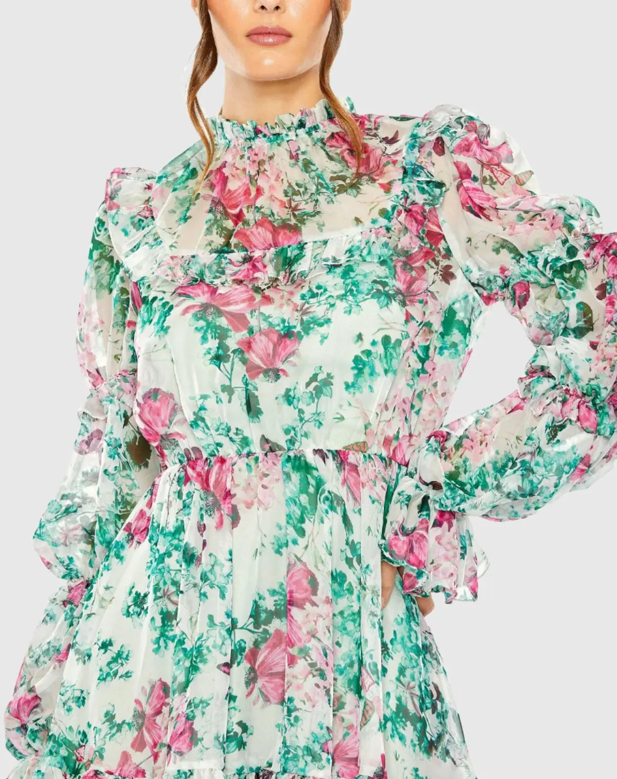 Floral High Neck Ruffle Sleeve Mini Dress - Green