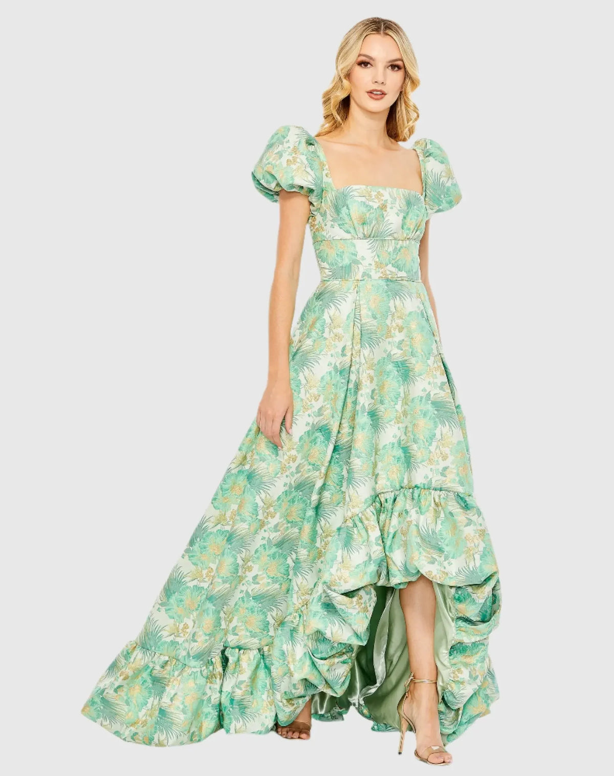 Mac Duggal Green Floral Print Puff Sleeve High Low Brocade Gown #68276 Spring Green