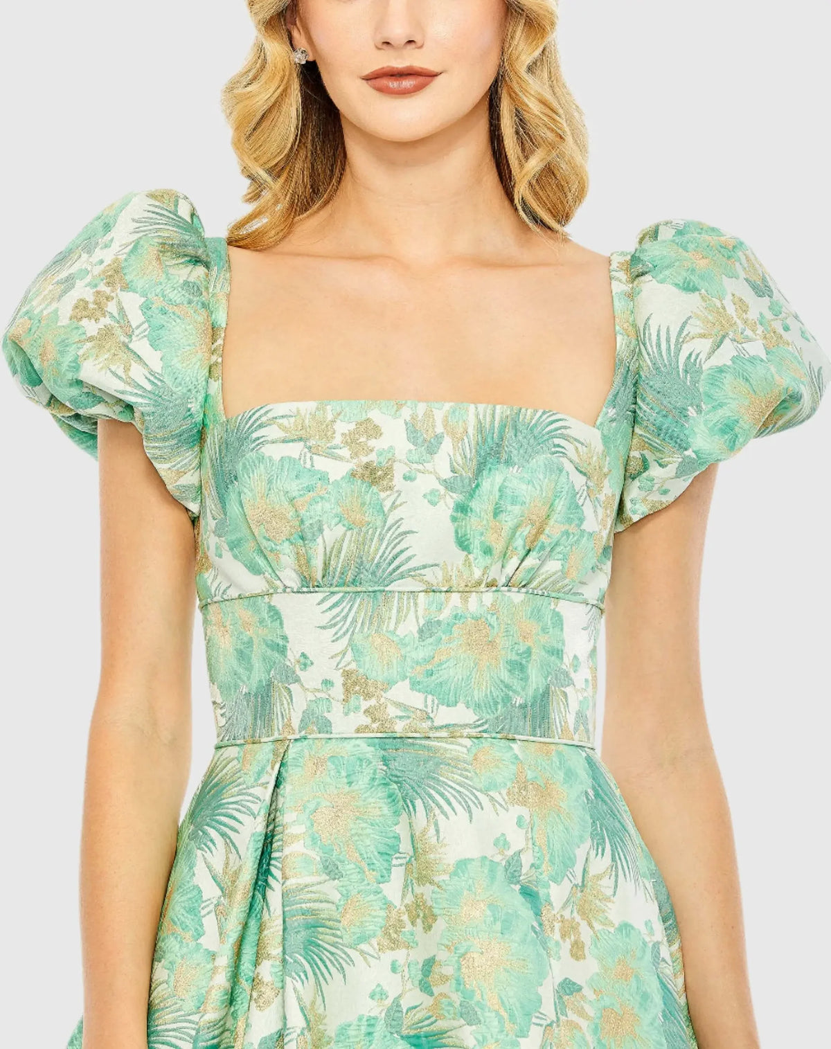 Floral Print Puff Sleeve Brocade Gown - Green