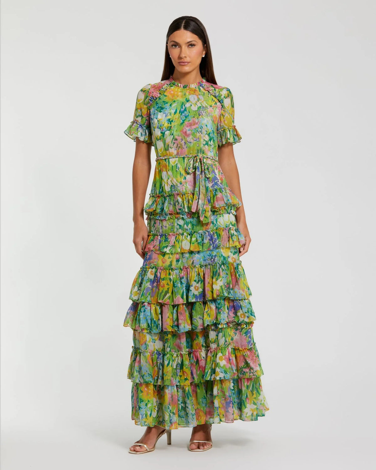 Mac Duggal Green Ruffle Tiered Chiffon Floral Dress #8112 Green Multi