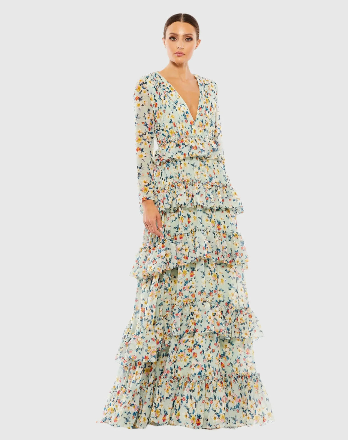 Mac Duggal Green Floral Printed Tiered Ruffle Long Sleeve Gown #55664 Green