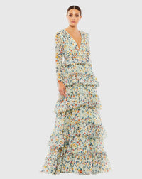 Mac Duggal Green Floral Printed Tiered Ruffle Long Sleeve Gown #55664 Green