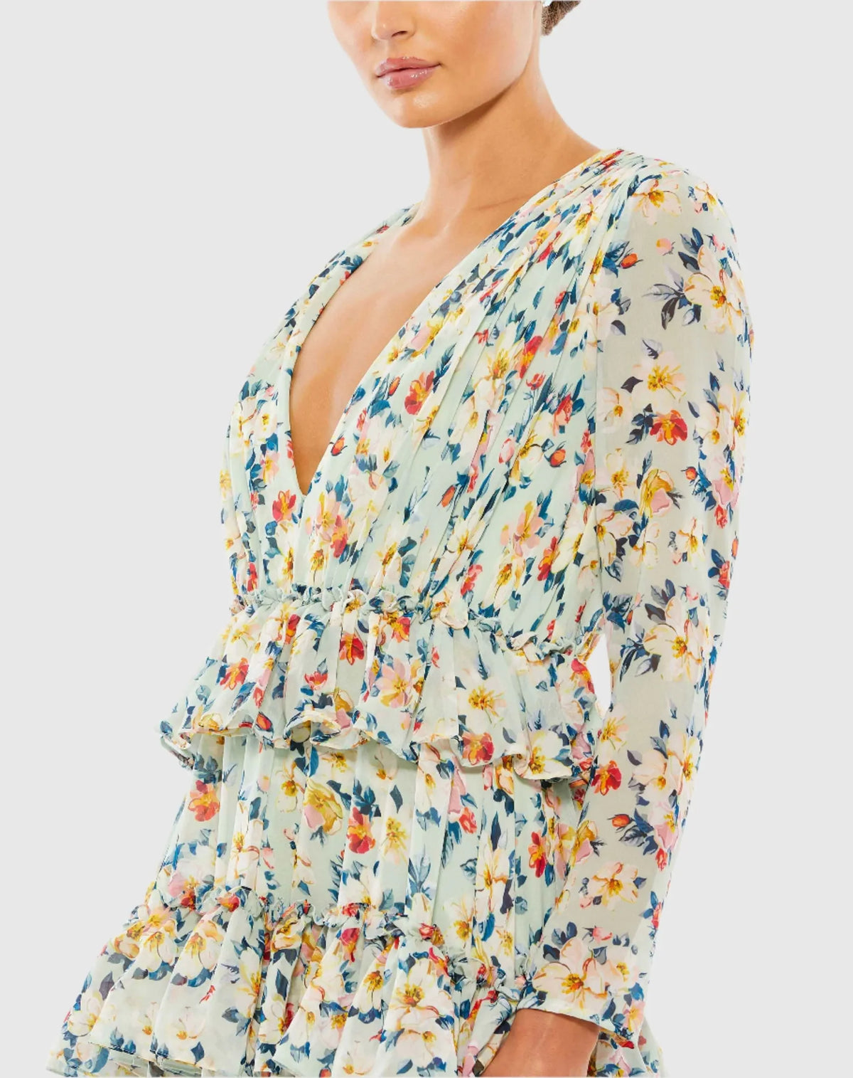 Floral Ruffle Long Sleeve Gown - Green
