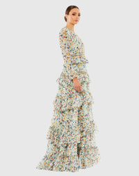 Floral Ruffle Long Sleeve Gown - Green