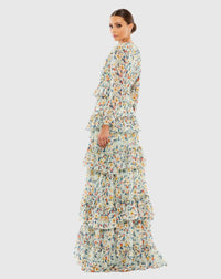 Floral Ruffle Long Sleeve Gown - Green