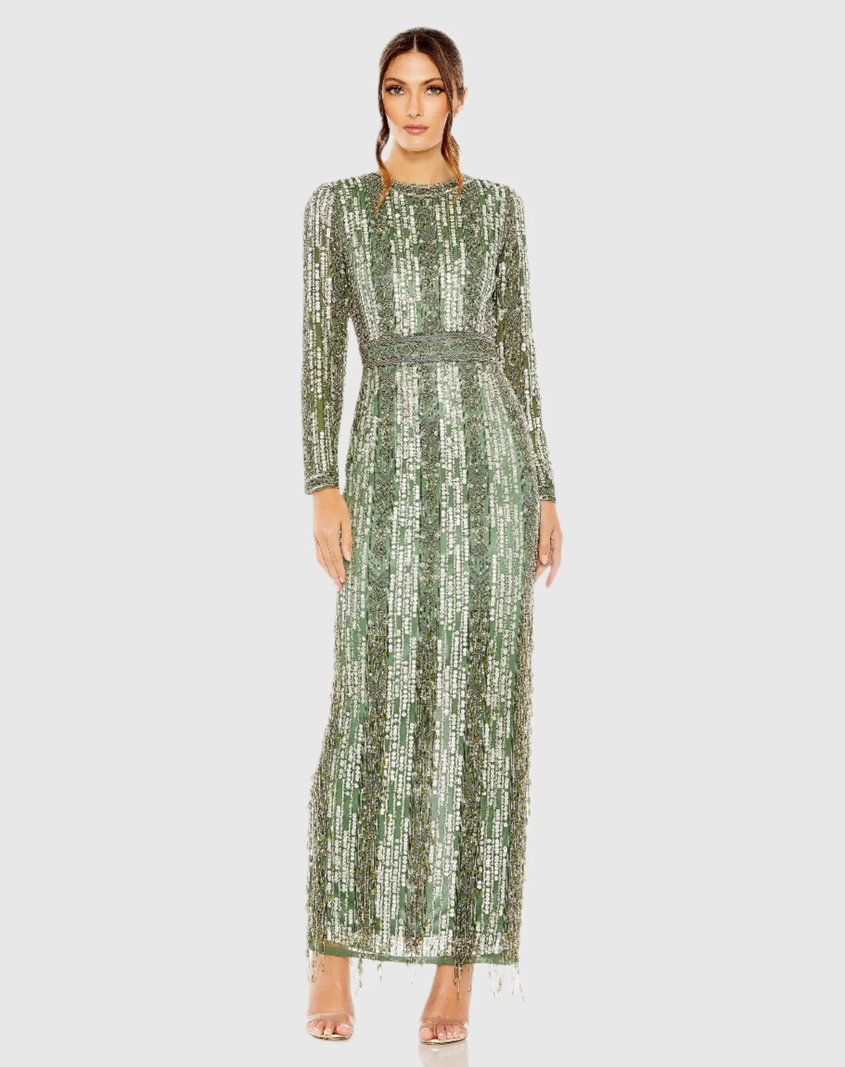 Mac Duggal Blue High Neck Long Sleeve Crystal Fringe Column Gown #5981 Sage