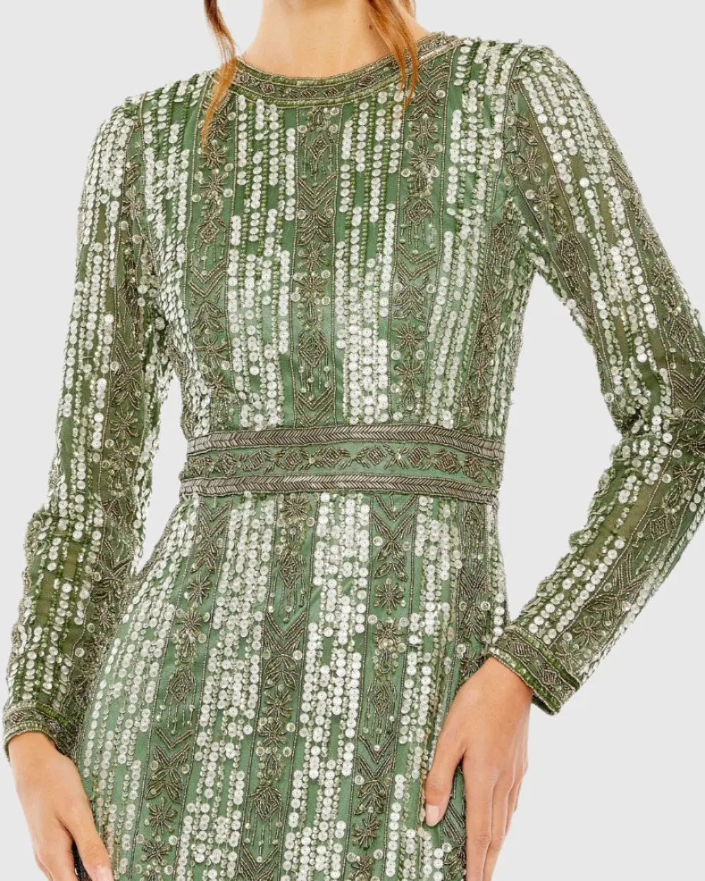 Long Sleeve Crystal Fringe Gown - Sage