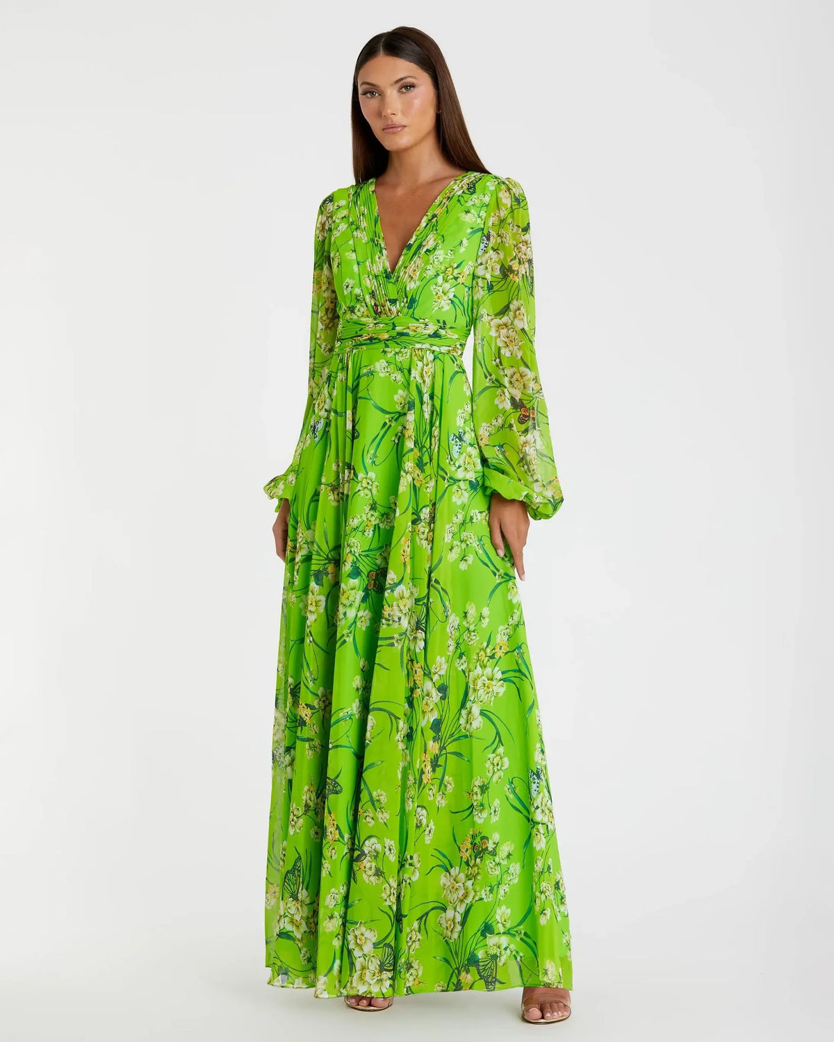 Mac Duggal Green Puff Sleeve Floral Chiffon Gown #56013 Green Multi 
