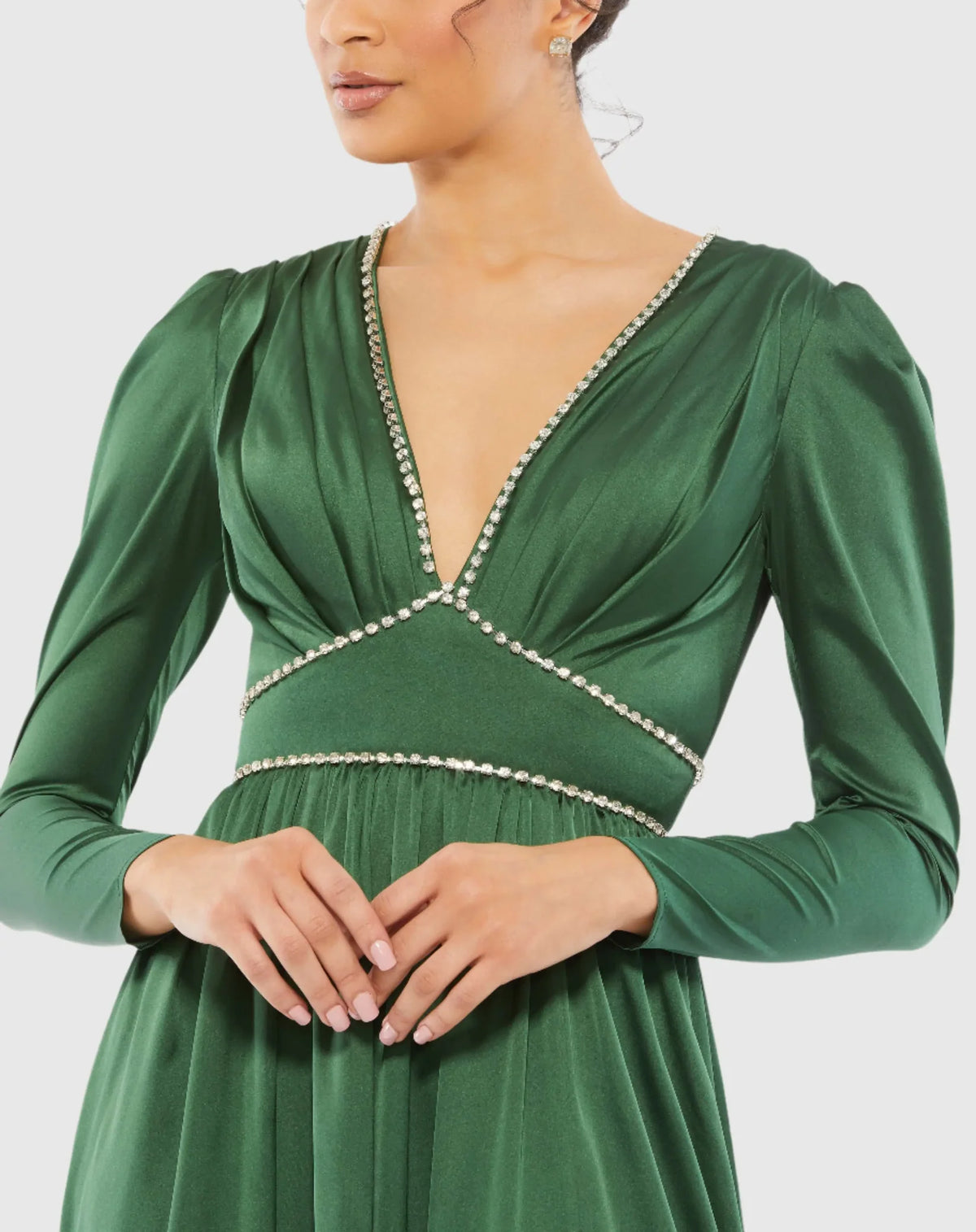Rhinestone Trim Long Sleeve Gown - Emerald