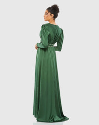 Rhinestone Trim Long Sleeve Gown - Emerald