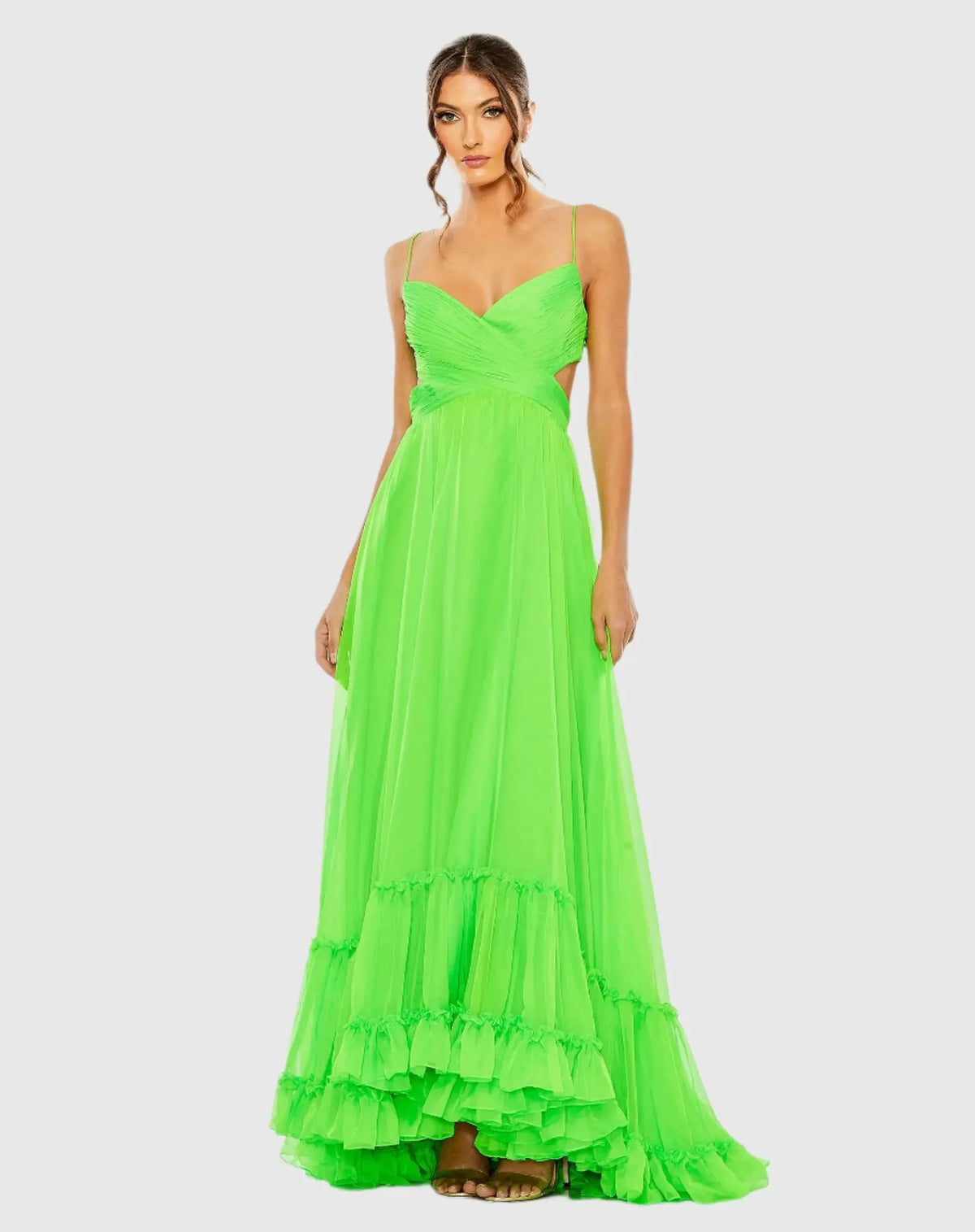 Mac Duggal Green Ruched Tiered Spaghetti Strap Gown Lime #68477